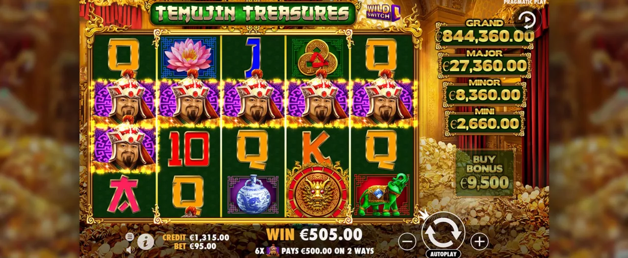 Temujin Treasures slot screenshot of the reels