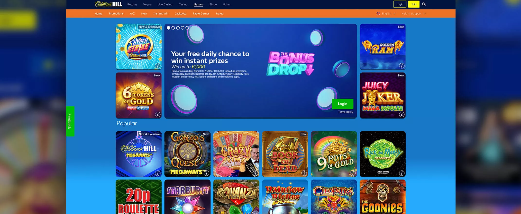 William Hill screenshot of the games