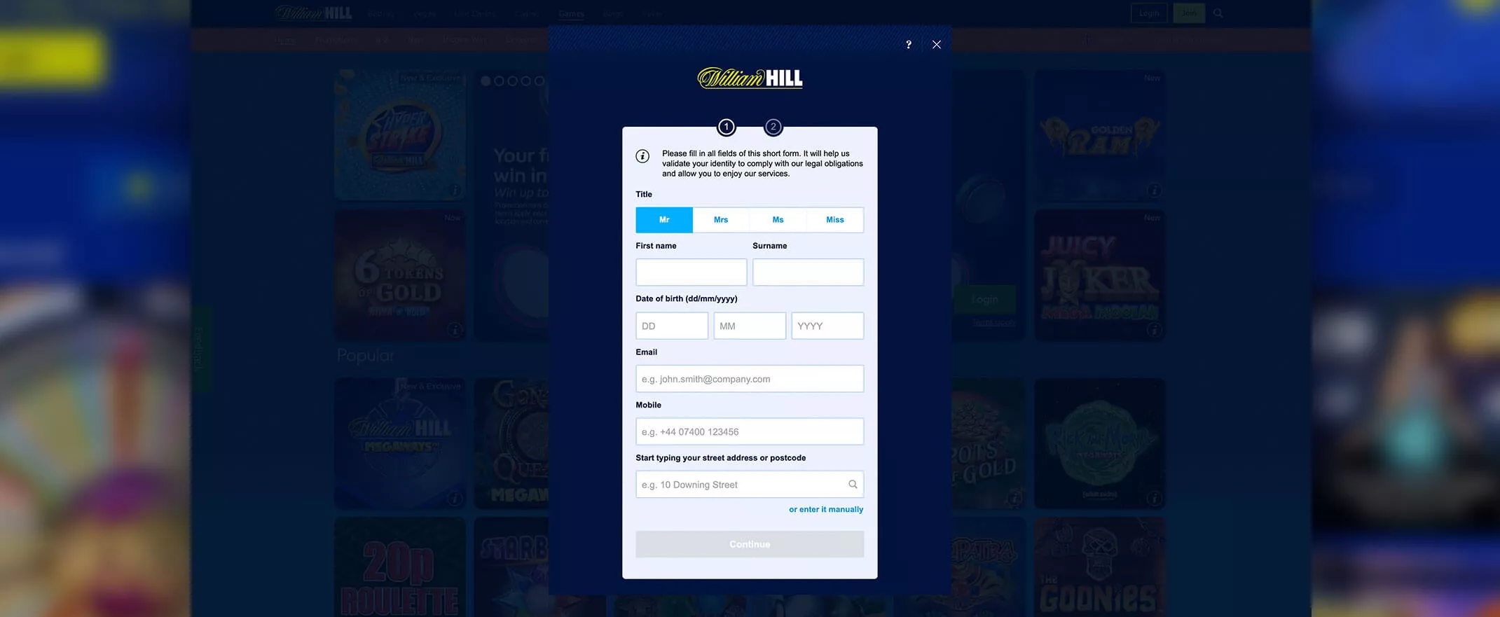 William Hill screenshot of the registration