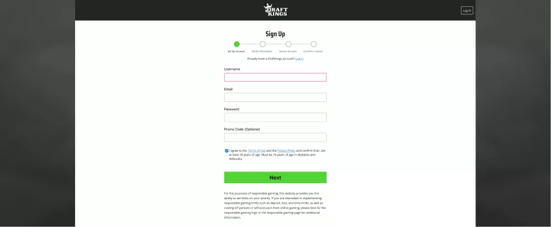 DraftKings screenshot of the registration