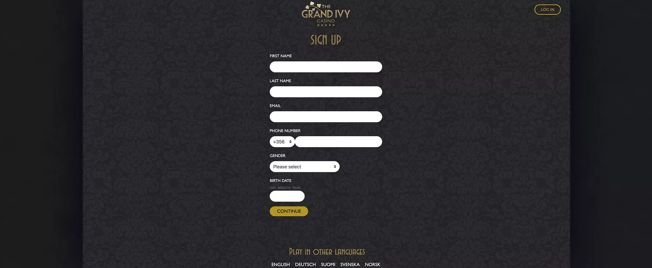 The Grand Ivy screenshot of the registration