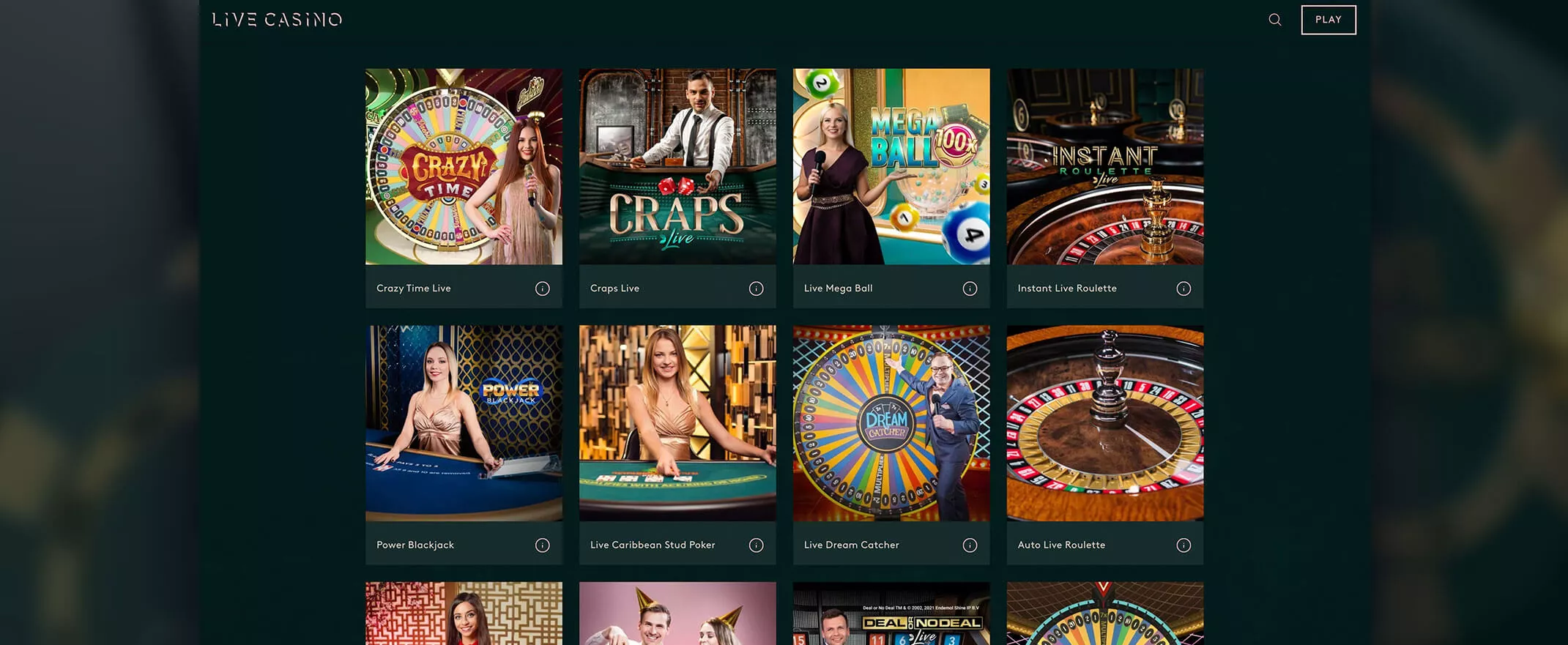 LiveCasino screenshot of the games