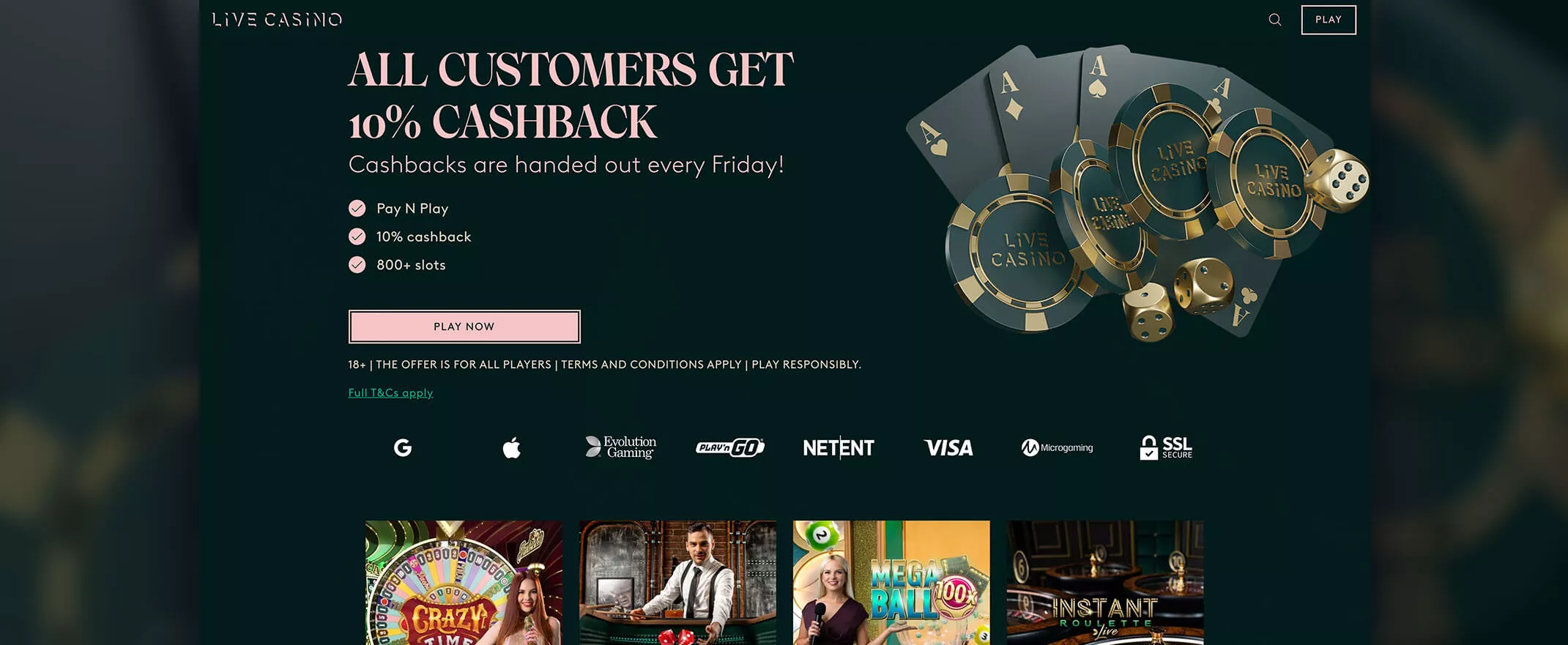 LiveCasino screenshot of the homepage