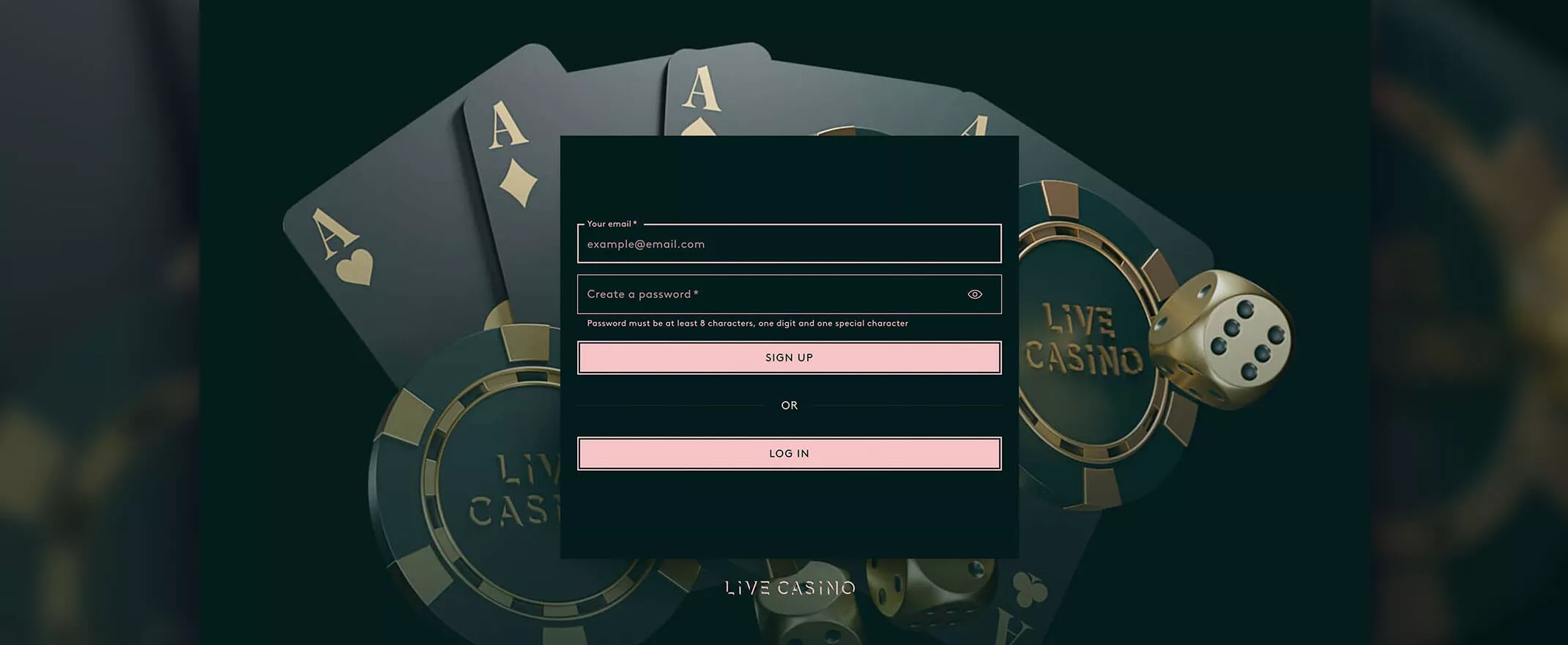 LiveCasino screenshot of the registration