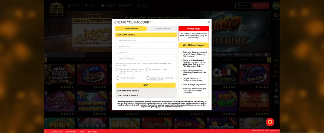 Golden Nugget registration screenshot