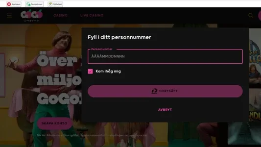 Svart registreringsfönster med vit text och en rosa knapp hos GoGo Casino