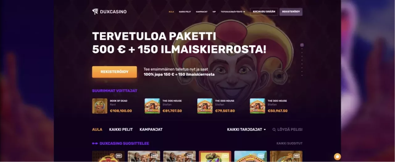 DuxCasino, kuvankaappaus etusivusta