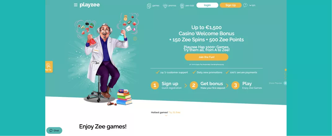 Playzee screenshot of the homepage