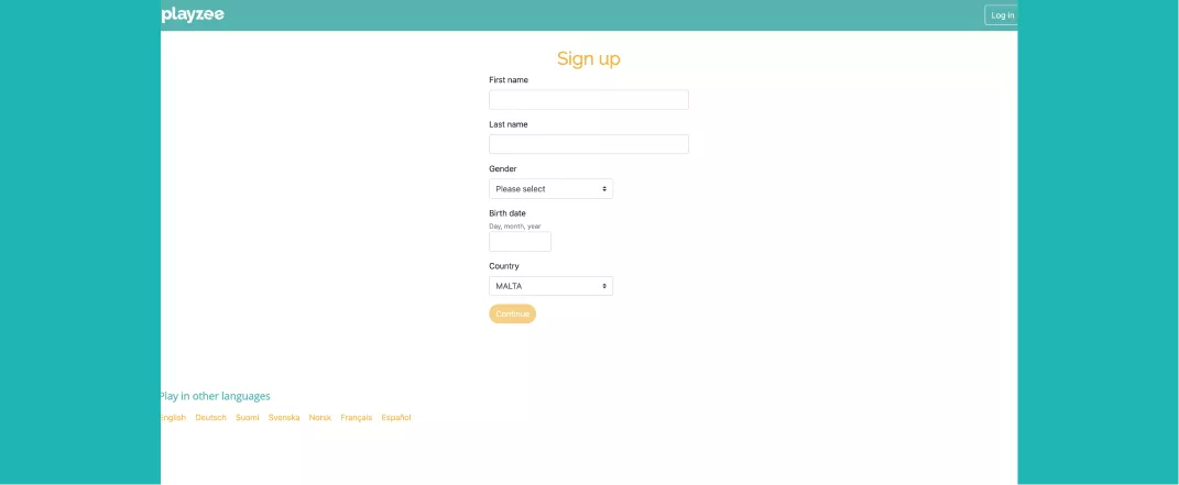 Playzee screenshot of the registration