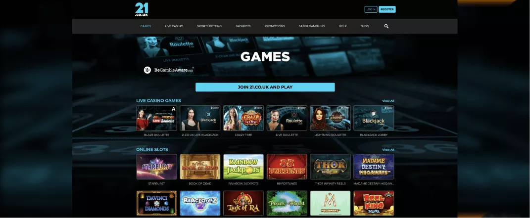 21.co.uk screenshot of the games page