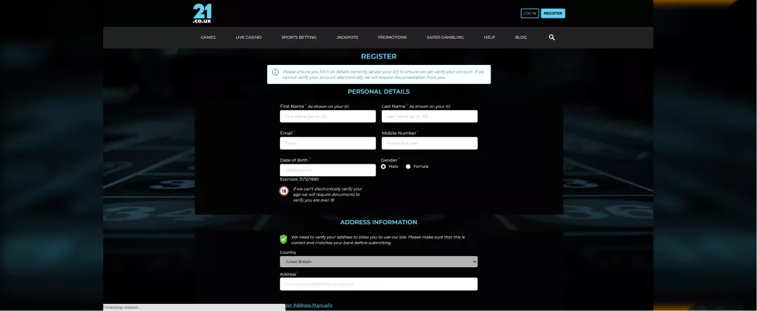 21.co.uk screenshot of the registration page