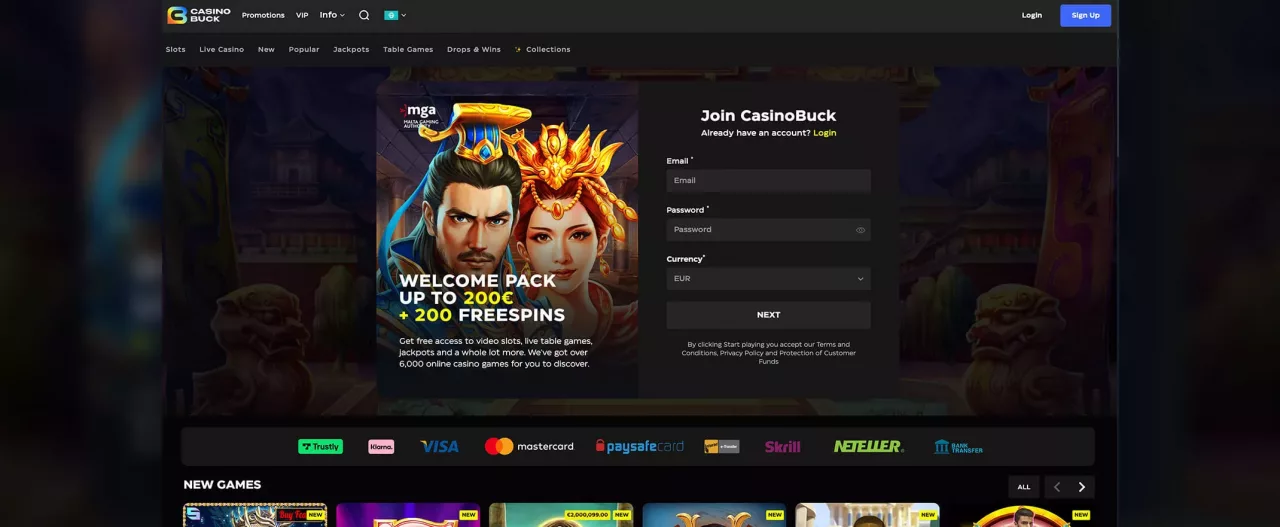 CasinoBuck screenshot of the homepage
