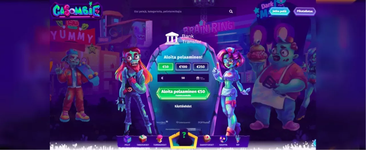Casombie Casino, kuvankaappaus kasinon etusivusta