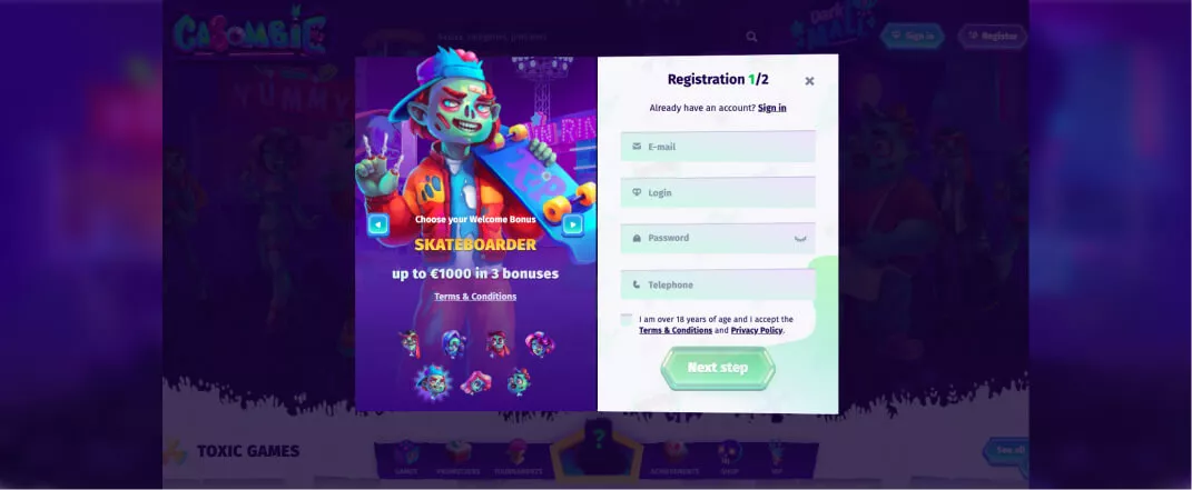 Casombie screenshot of the registration