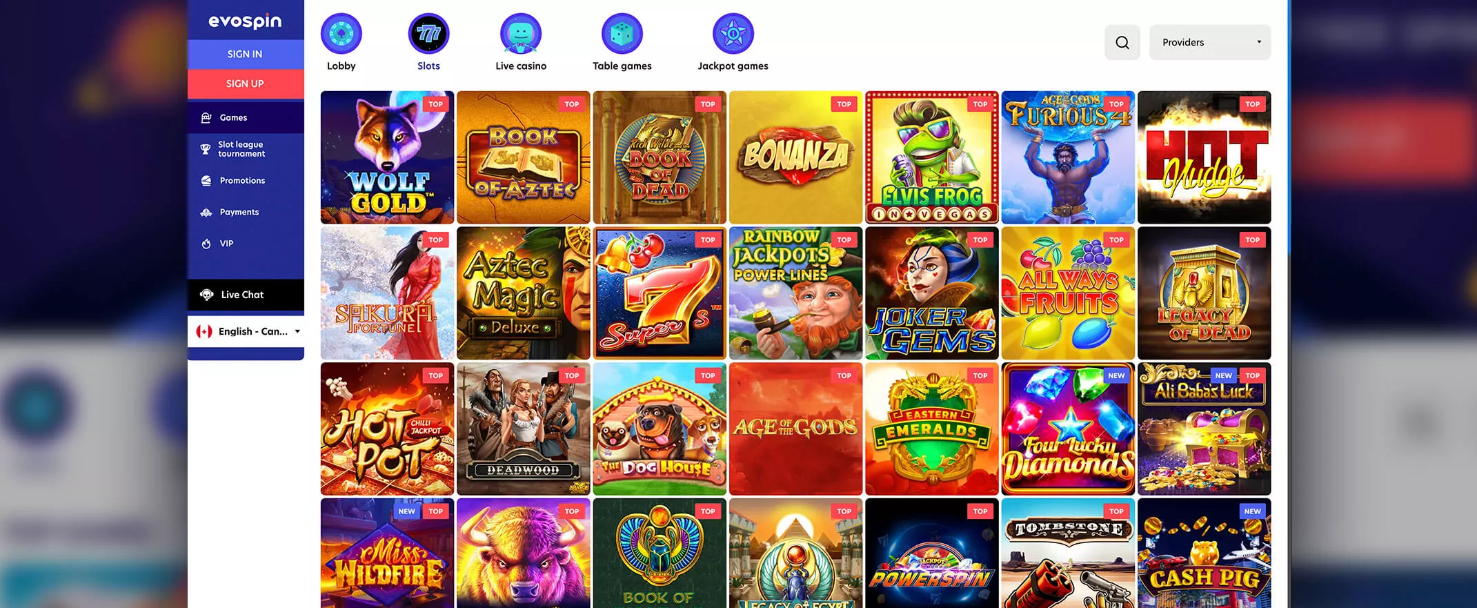 Evospin casino screenshot of the games