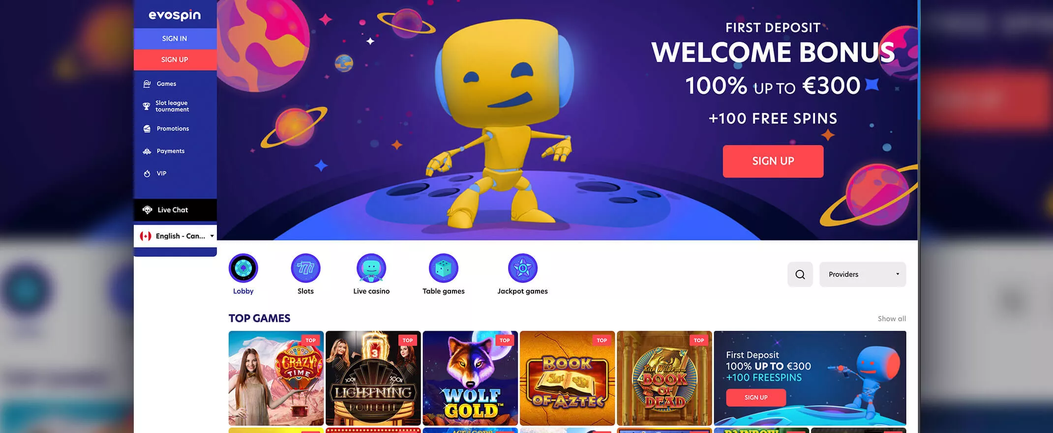 Evospin casino screenshot of the homepage