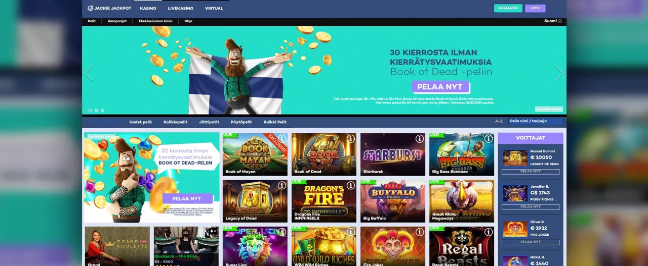 Jackie Jackpot Casino, kuvankaappaus kasinon etusivusta