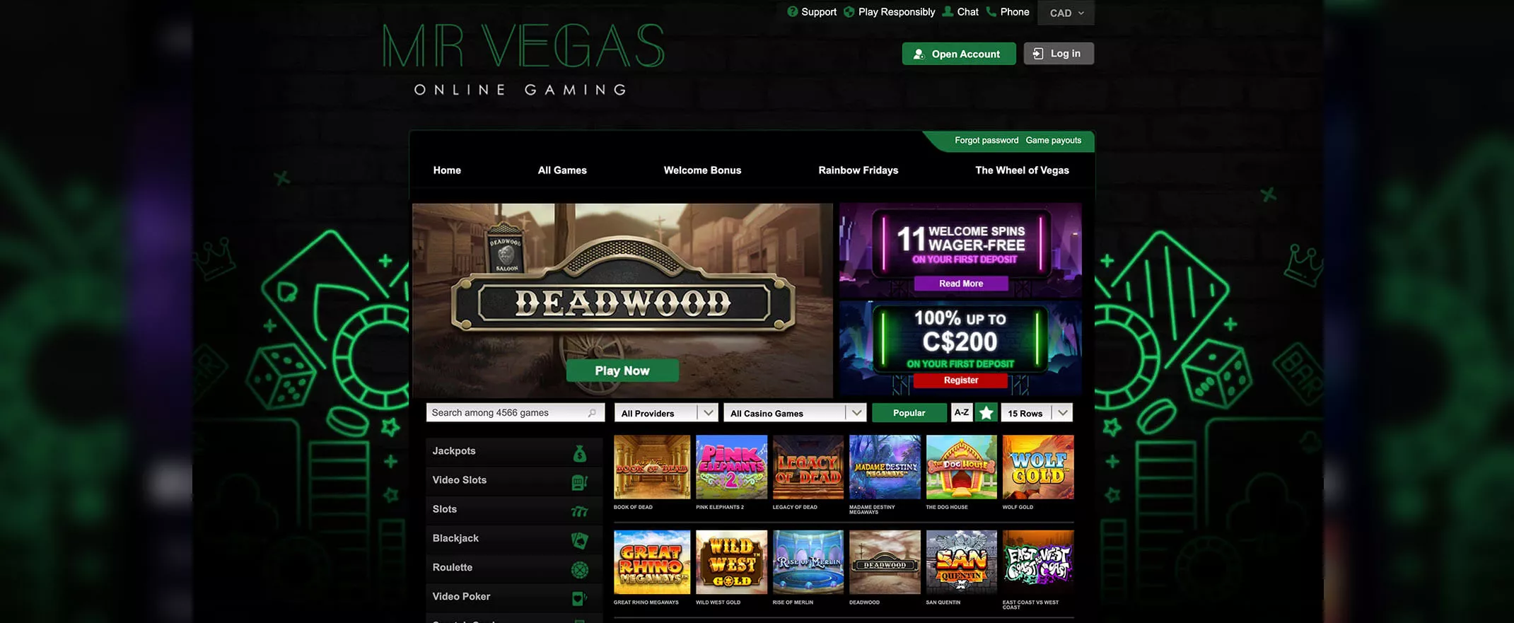 Mr Vegas screenshot of the homepage