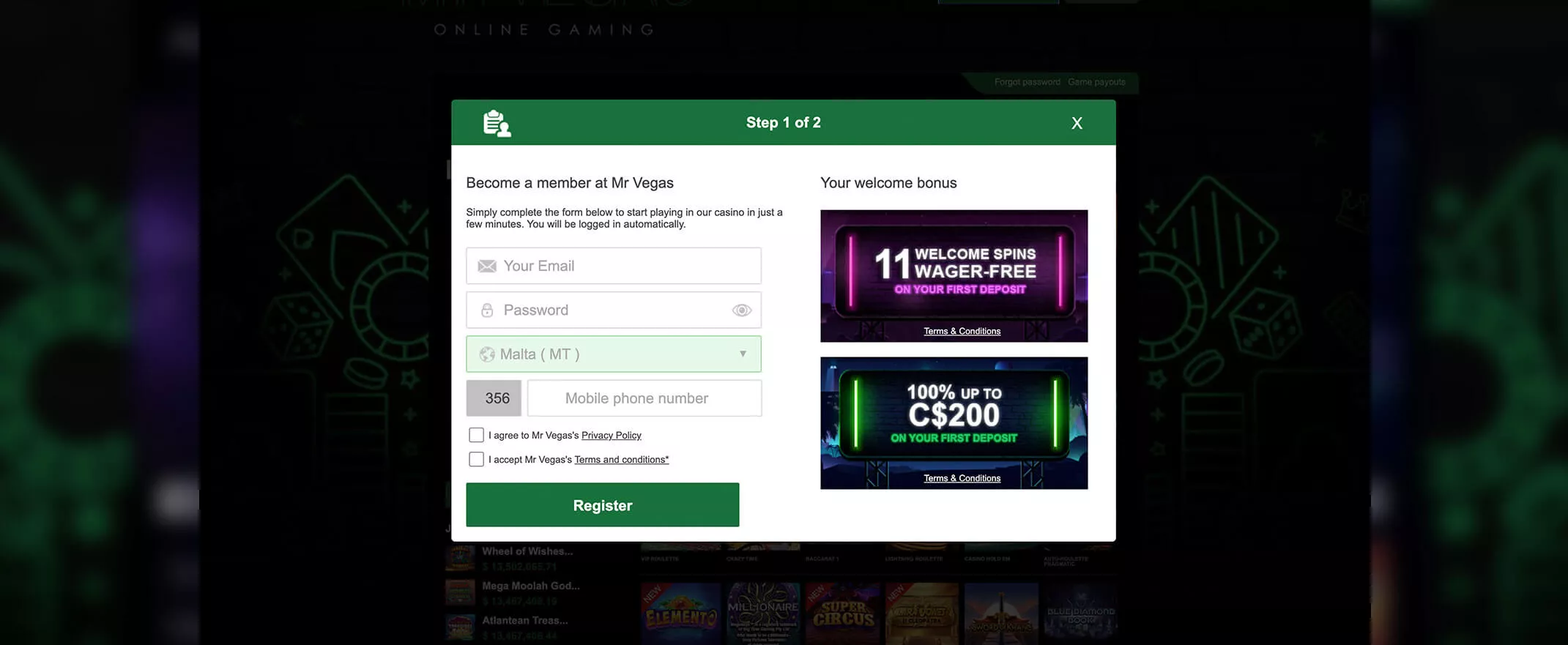 Mr Vegas screenshot of the registration