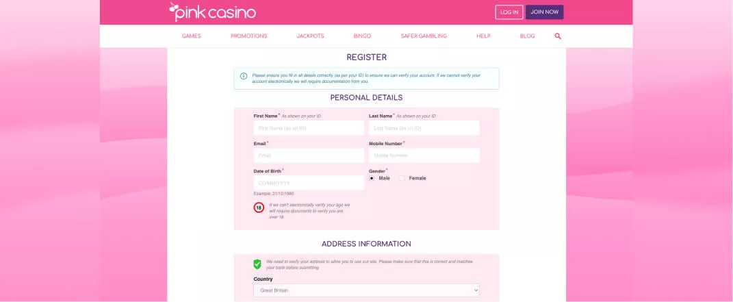 Pink Casino review screenshot of the registration page