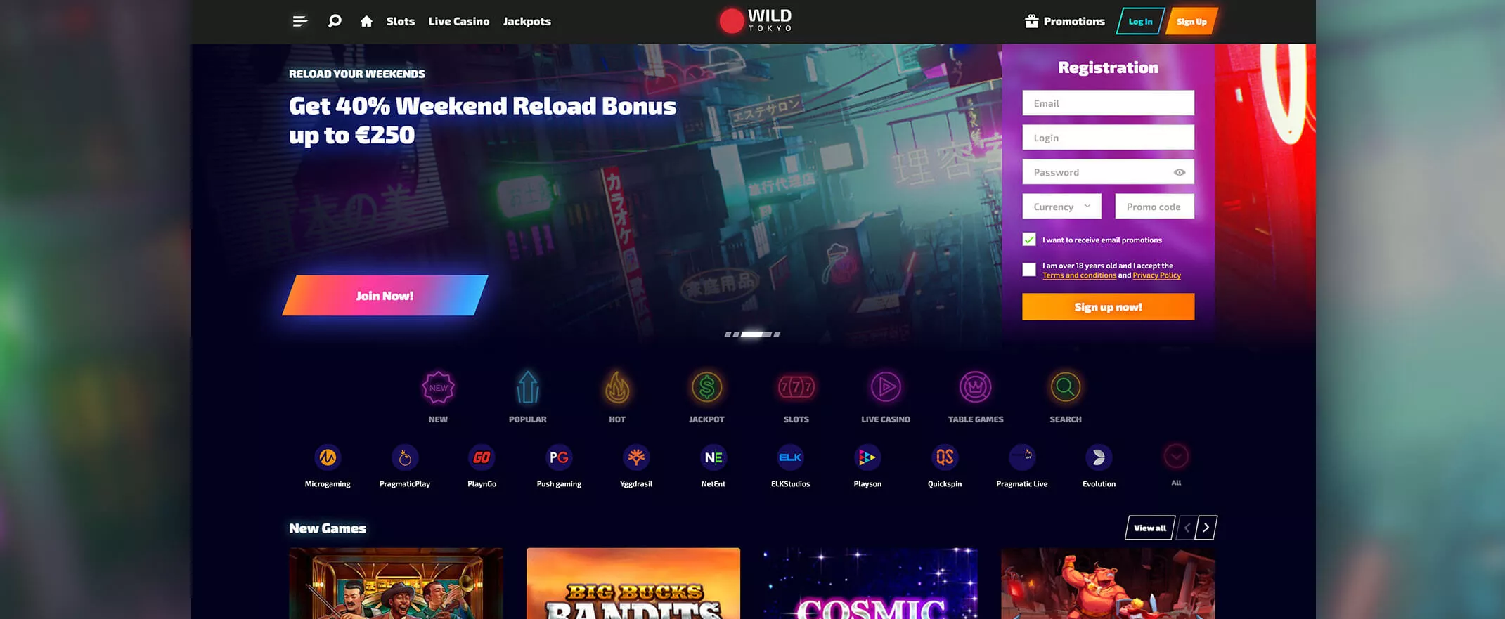 Wild Tokyo Casino homepage screenshot
