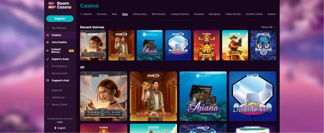 Boom Casino screenshot of the games page