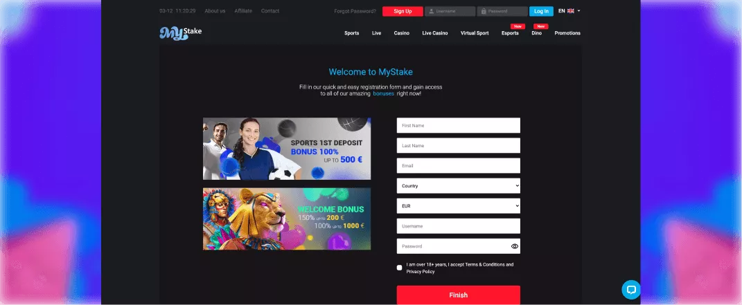 MyStake casino screenshot of the registration