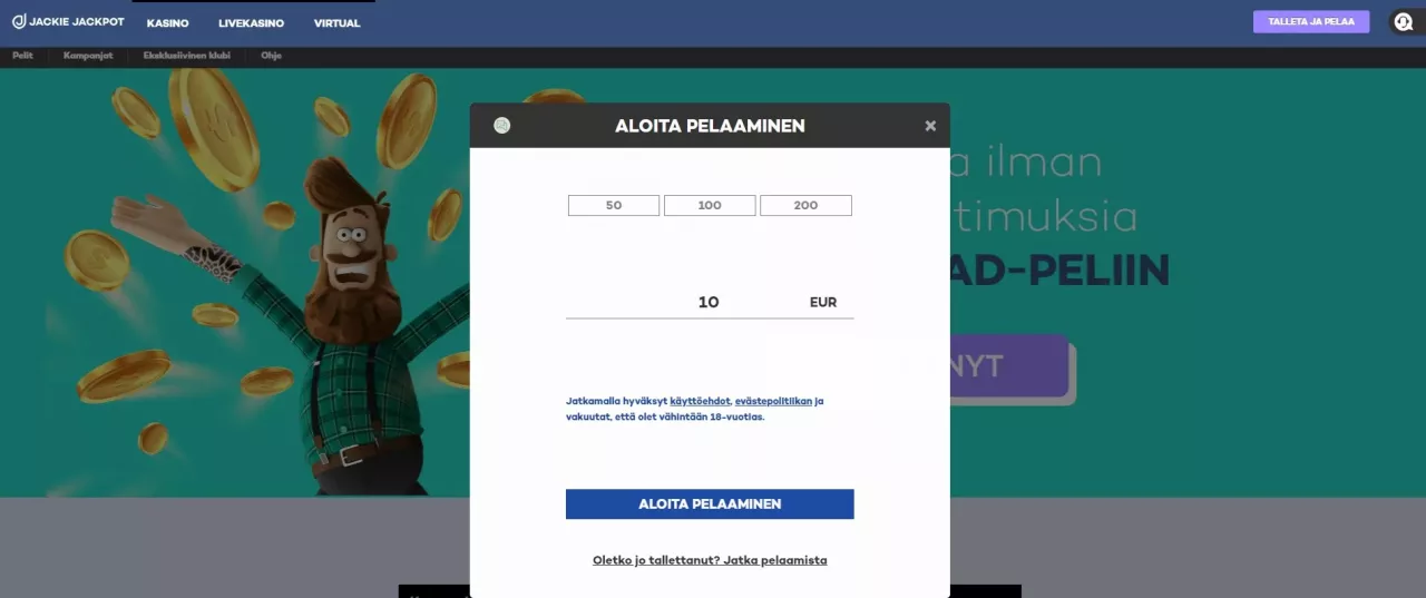 Jackie Jackpot Casinolle rekisteröityminen, kuvankaappaus talletuksen tekemisestä