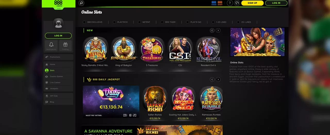 888 Casino screenshot of the games page