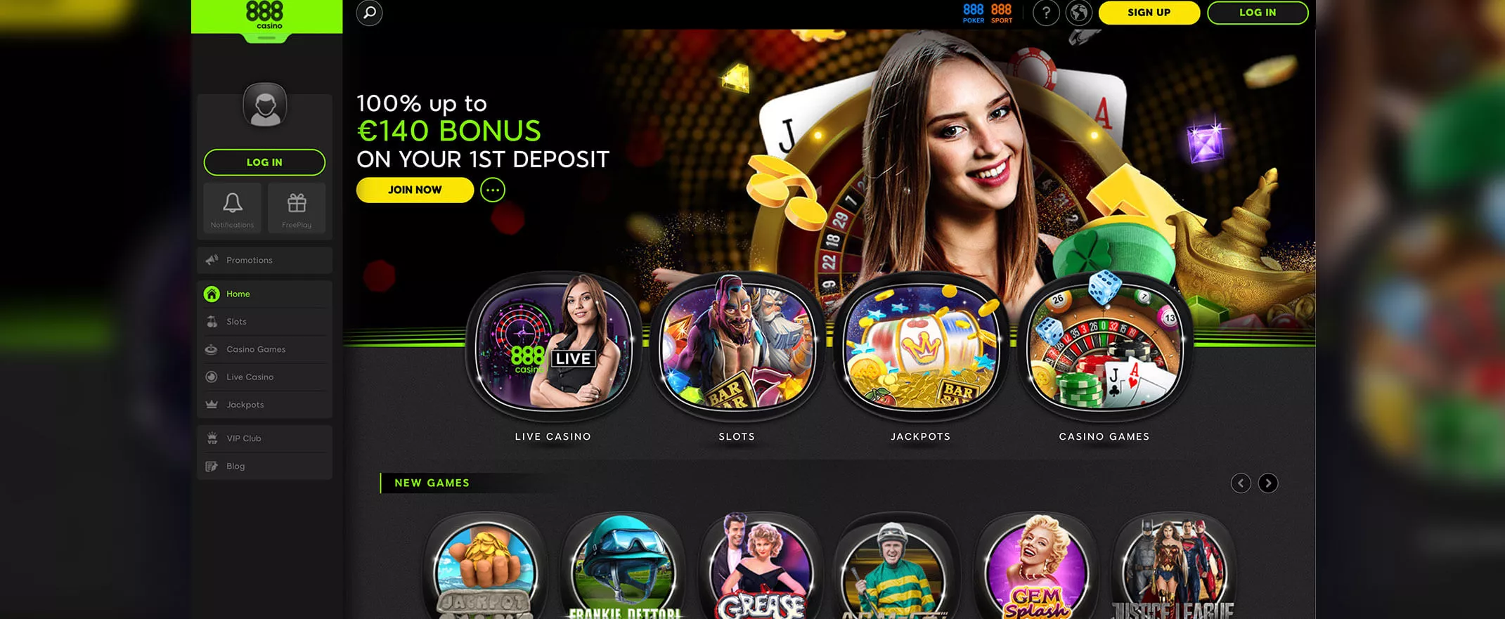 888 Casino screenshot of the homepage