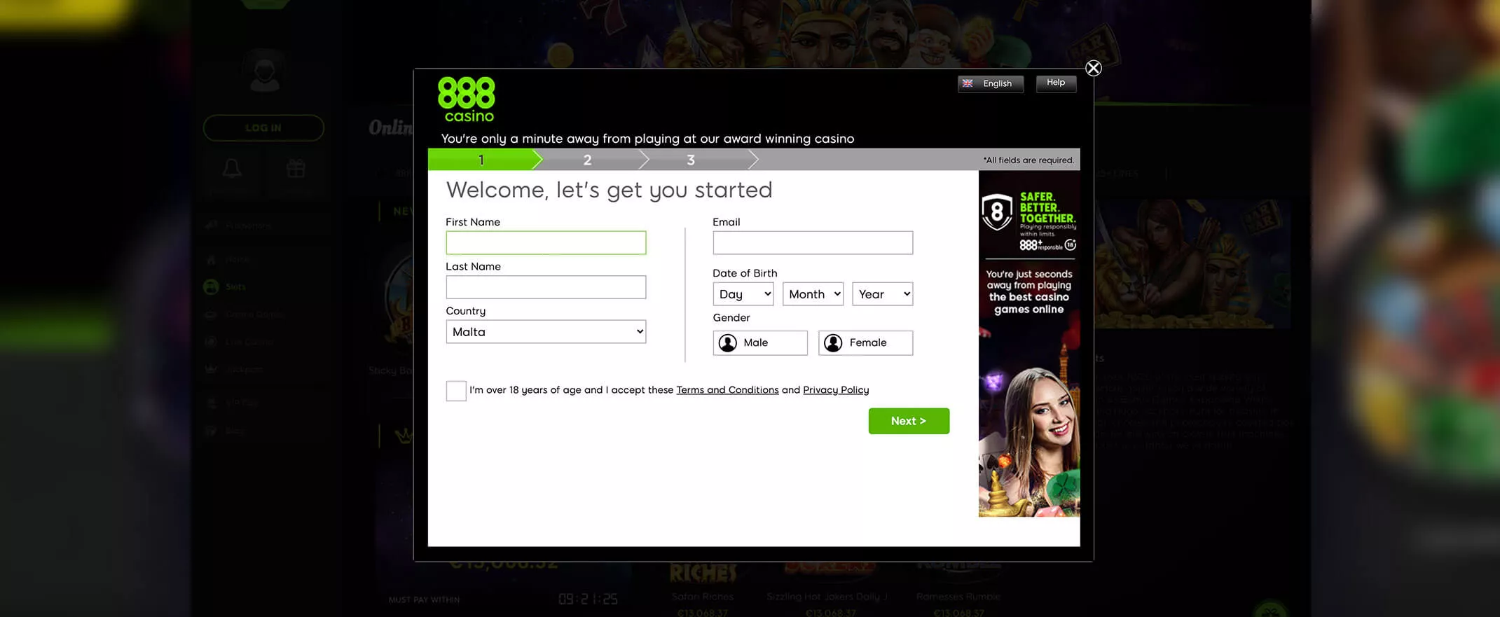 888 Casino screenshot of the registration page