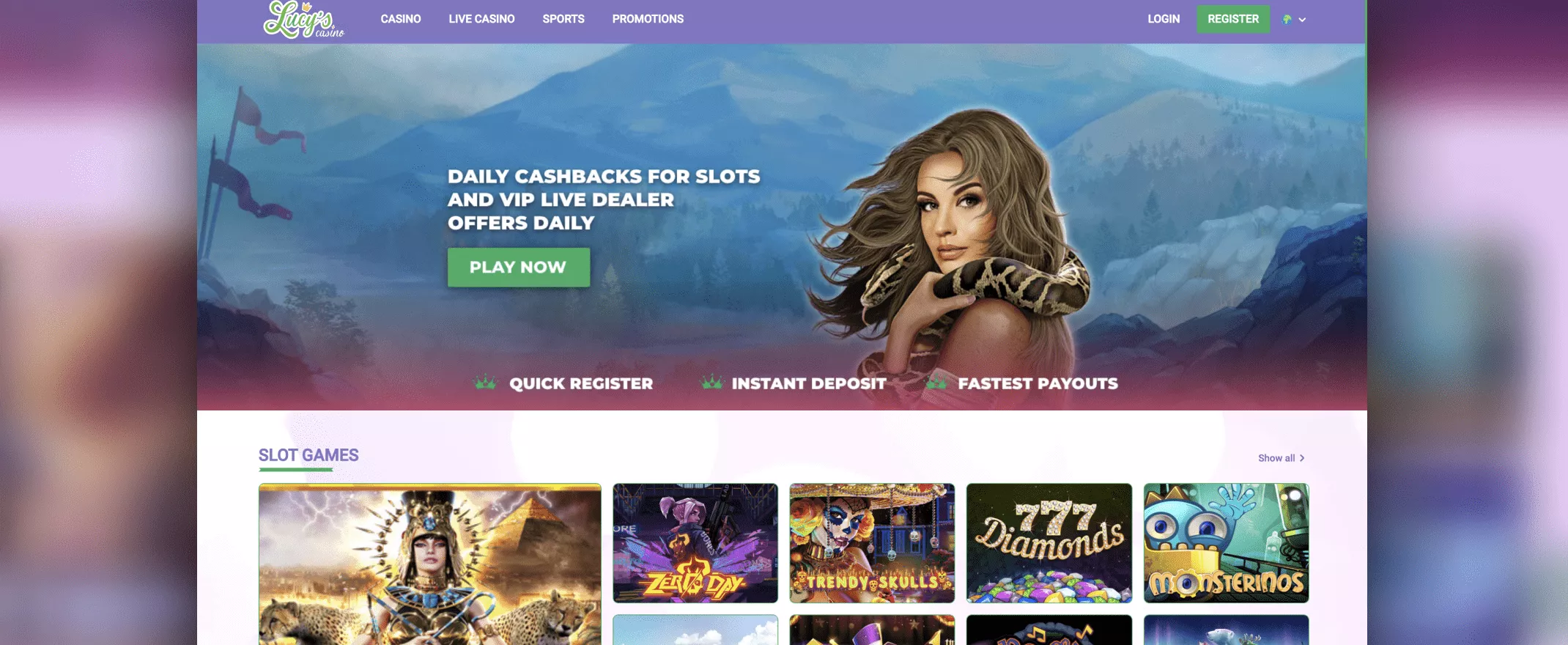 Lucy's Casino screenshot of the homepage