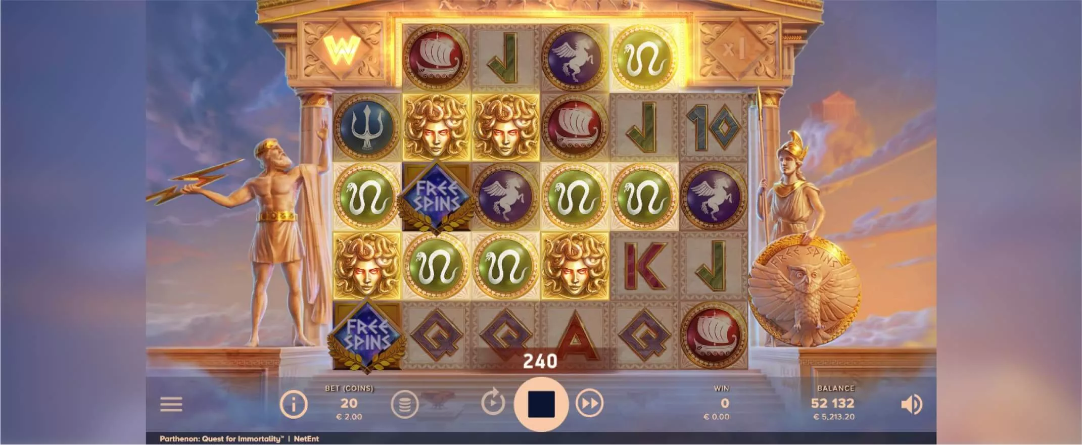 Parthenon Quest for Immortality slot screenshot of the reels