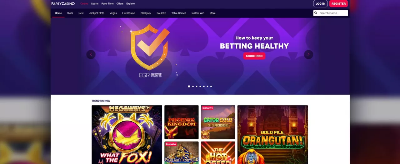 Party Casino screenshot of the homepage