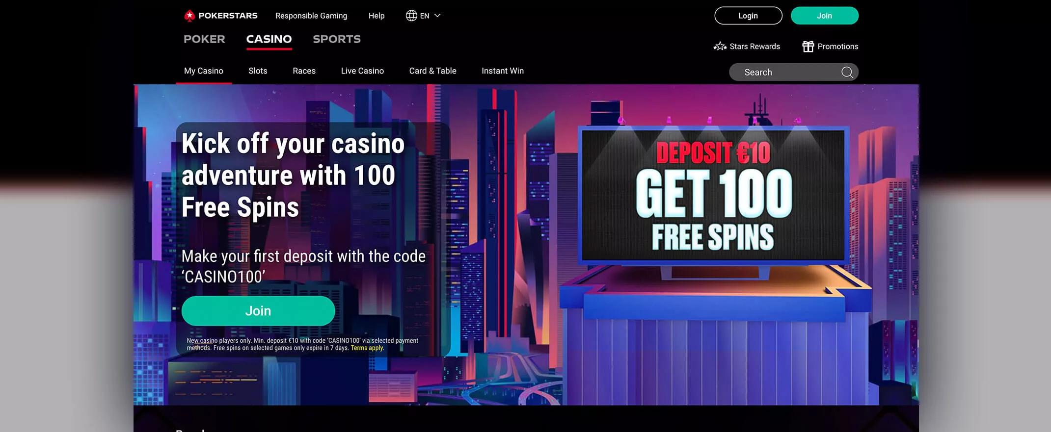 Pokerstars Casino Review screenshot of the homepage