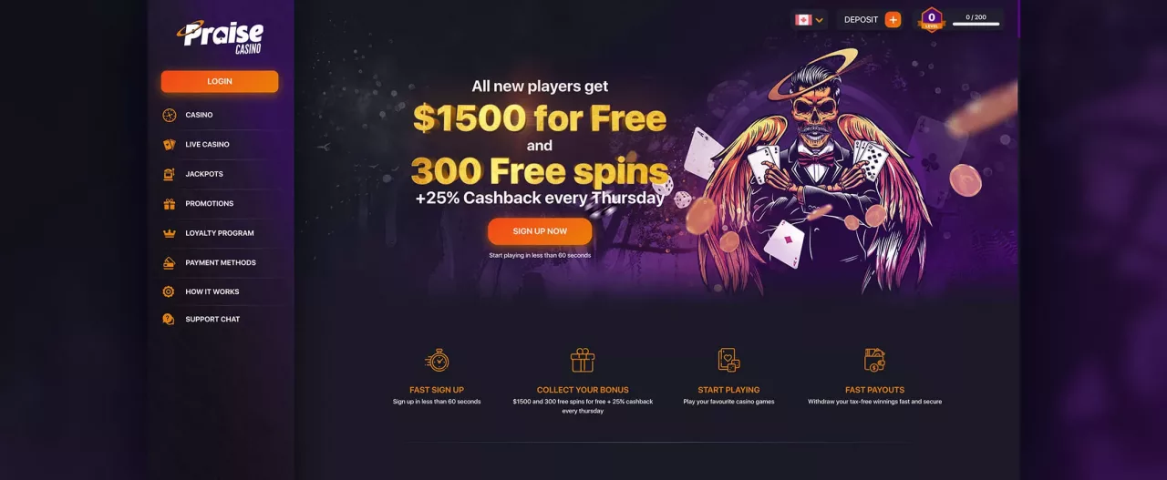 Praise Casino homepage screenshot