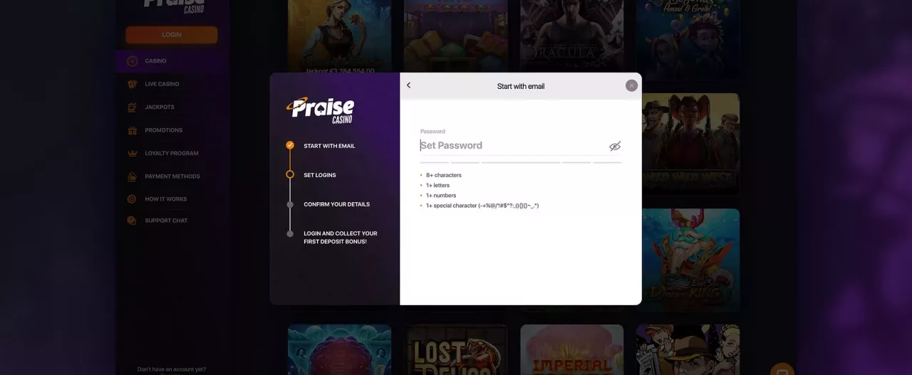 Praise Casino registration screenshot
