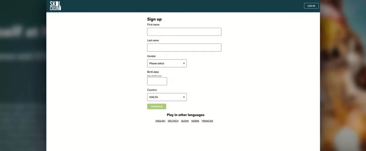 Skol casino registration screenshot