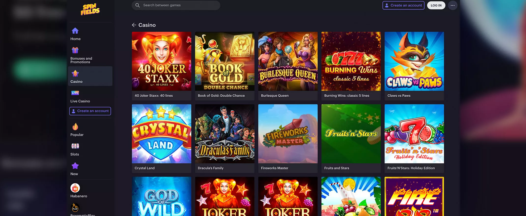 Spinfields Casino Review games screenshot
