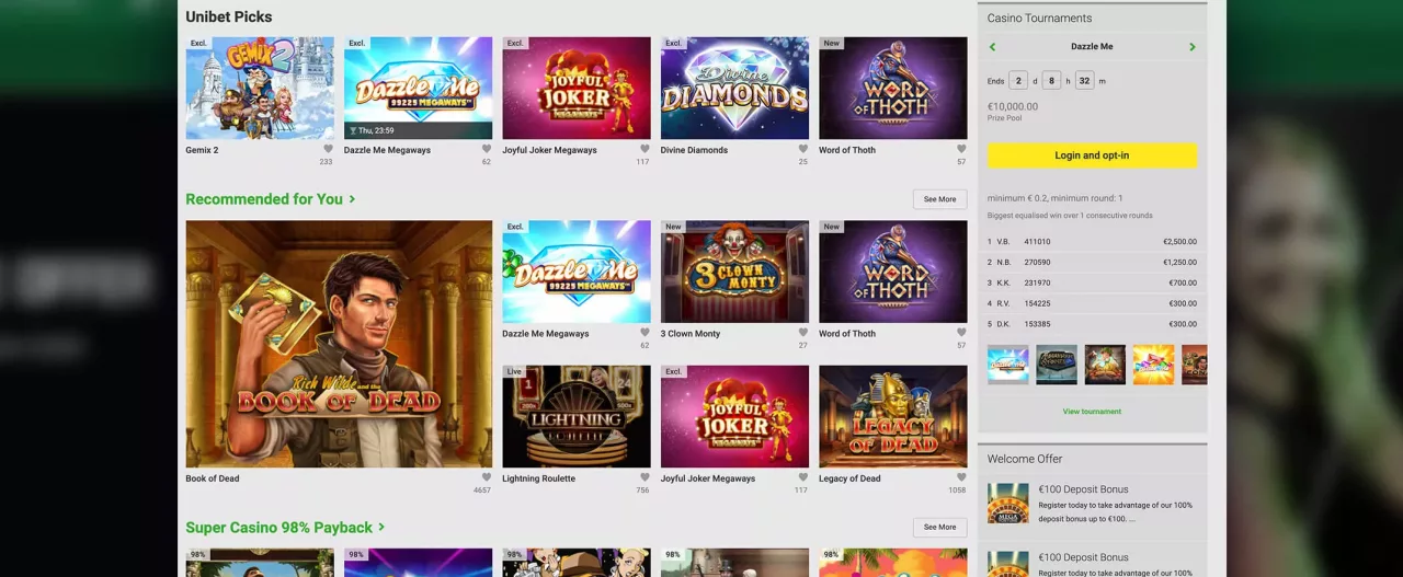Unibet screenshot of the games