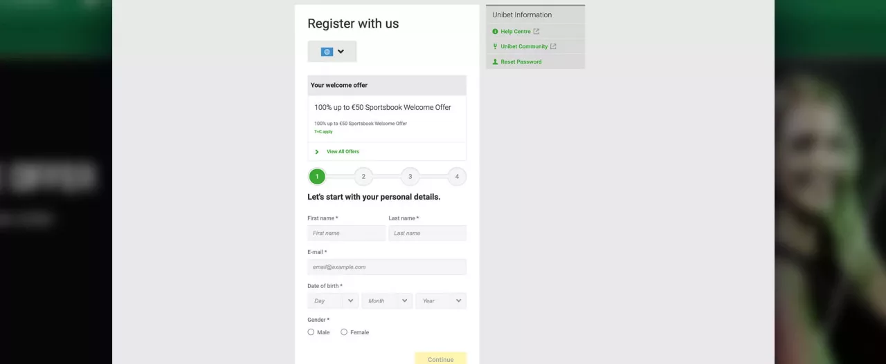Unibet screenshot of the registration