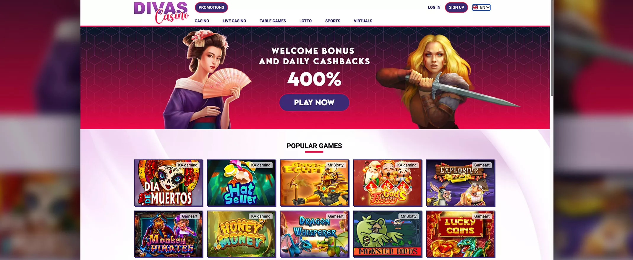 DivasLuck casino review screenshot of the homepage