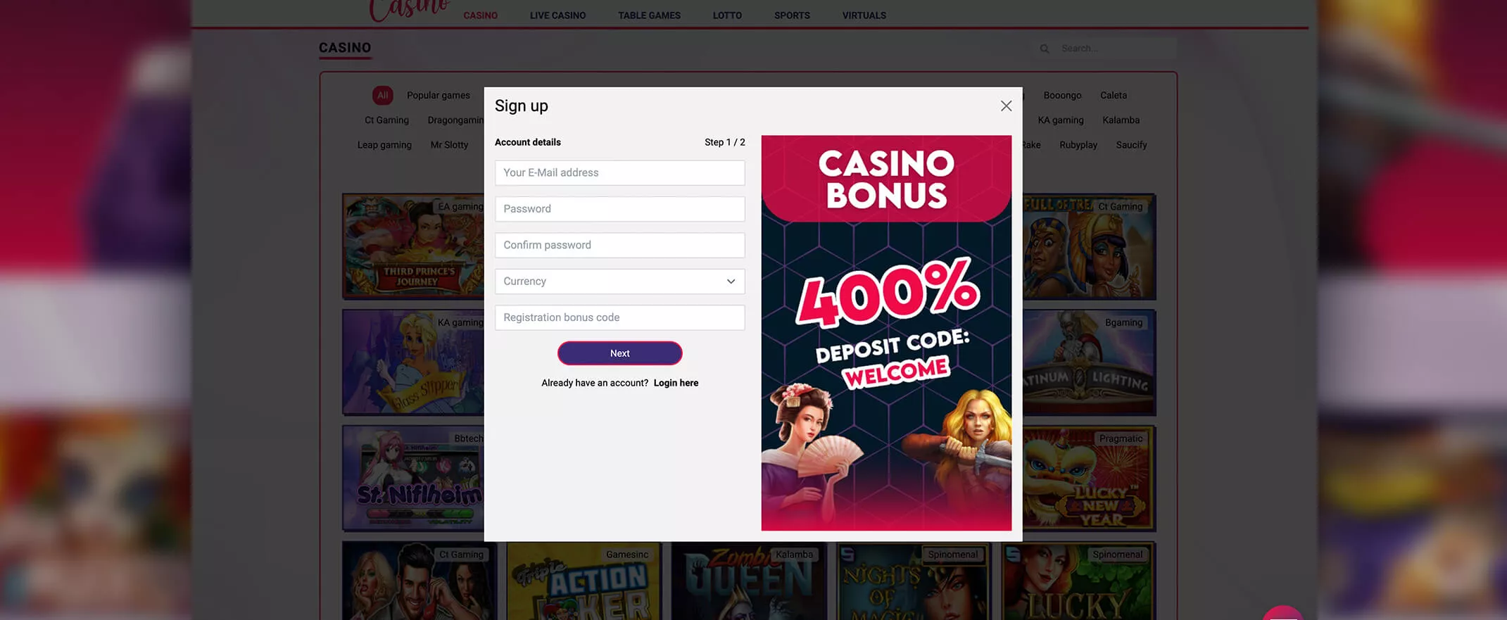 DivasLuck casino screenshot of the registration page