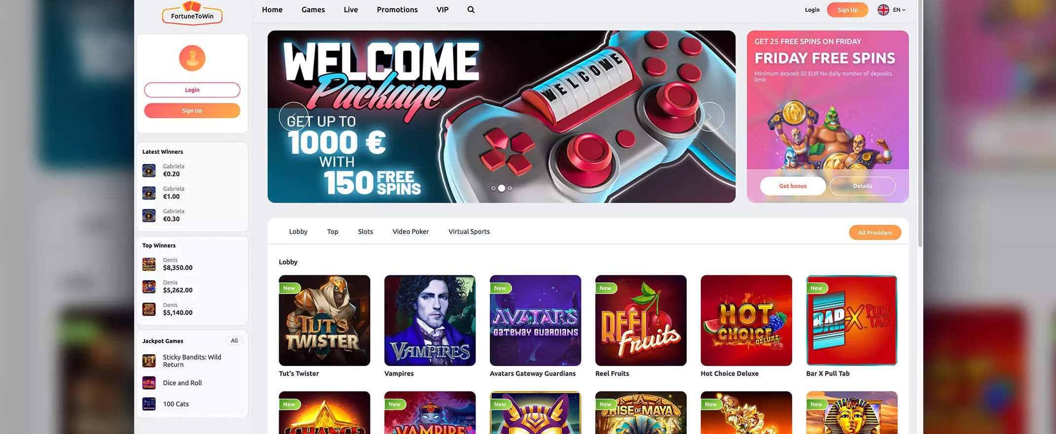 Fortune to Win screenshot of the homepage