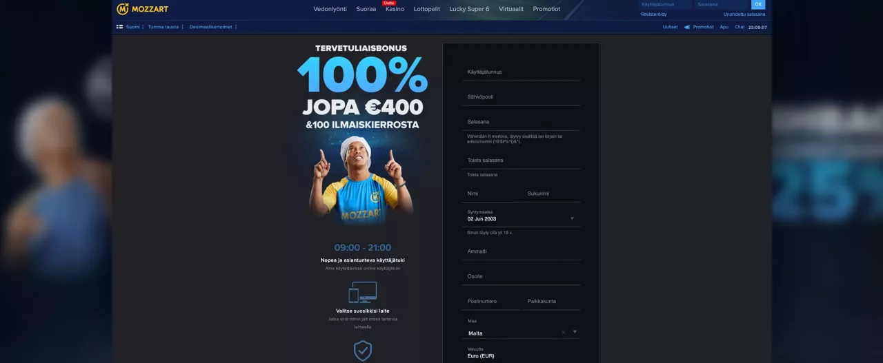 Mozzart Casinolle rekisteröityminen