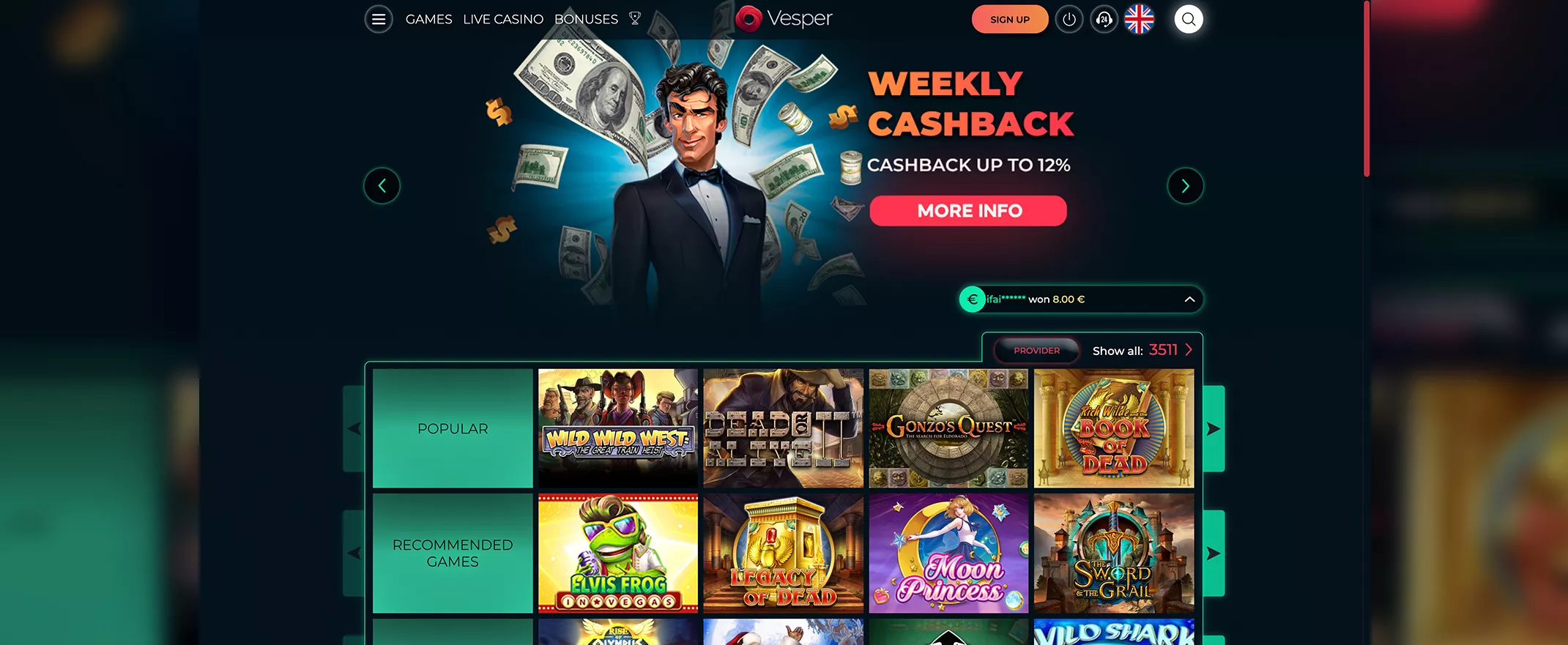 Vesper Casino screenshot of the homepage