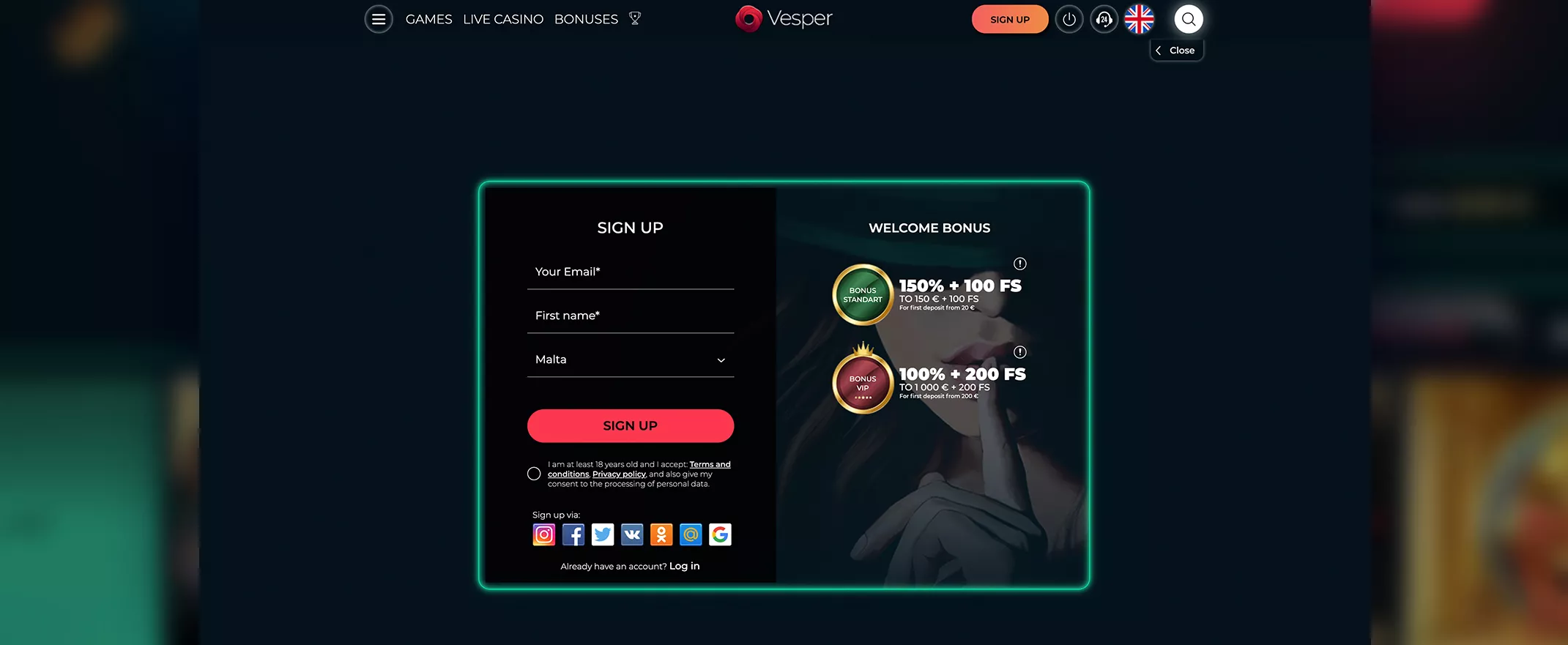 Vesper Casino screenshot of the registration