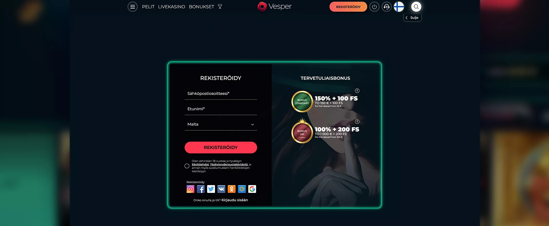 Vesper Casinolle rekisteröityminen