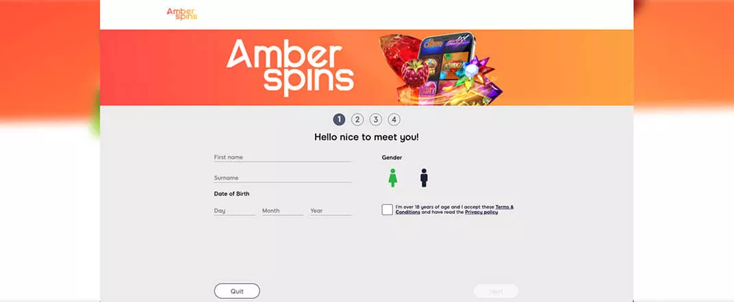 Amber Spins screenshot of the registration