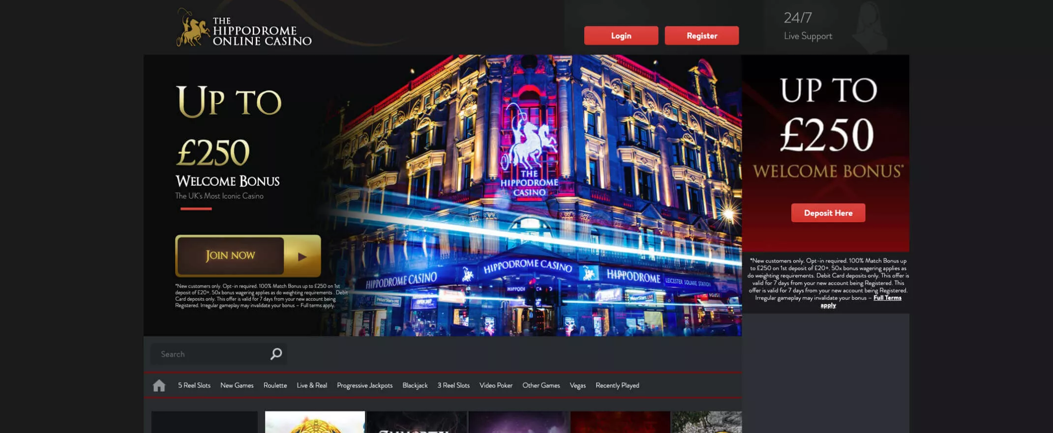 Hippodrome online casino screenshot of the homepage